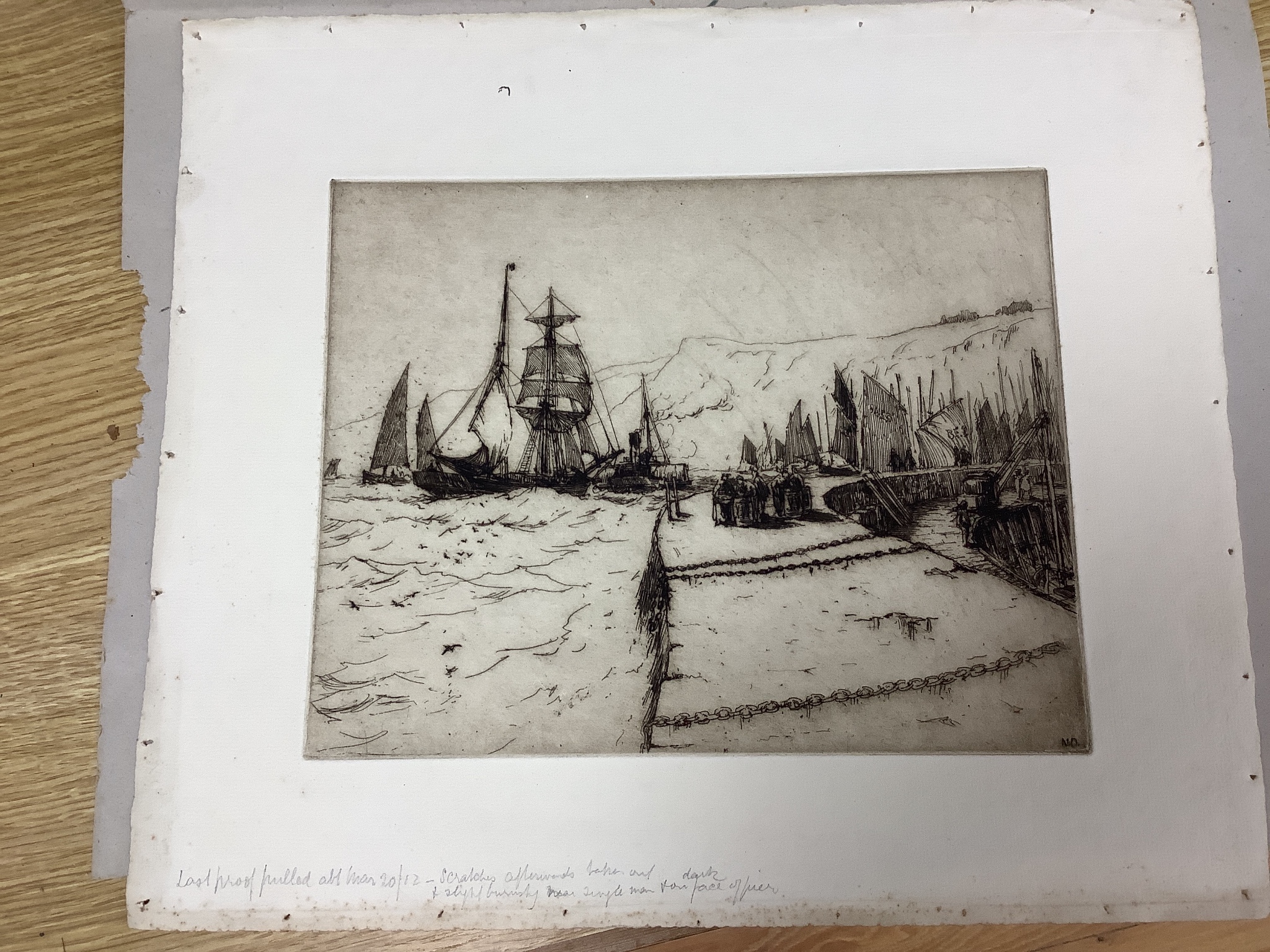 Nelson Dawson (1859-1941), 14 assorted etchings; HMS Indefatigable awaiting the ship breakers, 25 x 34cm.